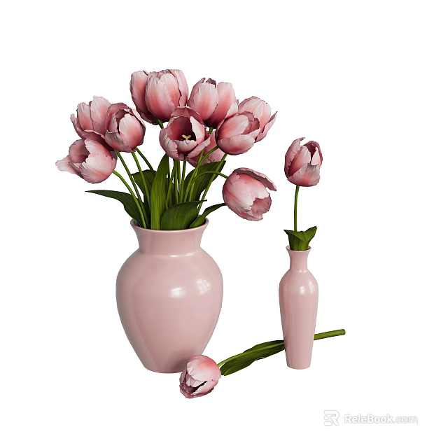Fresh Pink Tulips In Pink Vases With Decorative Flower Stems 3d model 