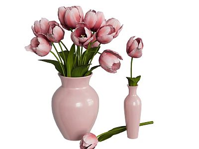 Fresh Pink Tulips In Pink Vases With Decorative Flower Stems 3d model