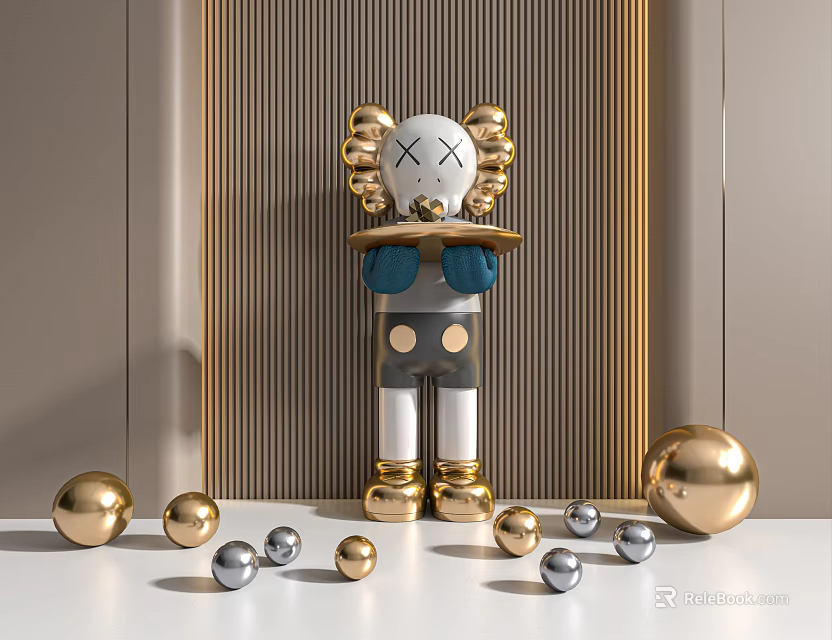Contemporary Sculpture Carving With Gold Silver Spheres And Striped Background Artistic Design 3d model 