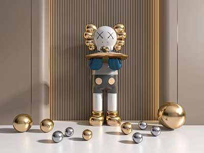 Contemporary Sculpture Carving With Gold Silver Spheres And Striped Background Artistic Design 3d model