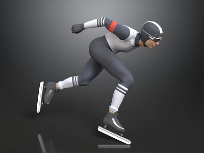 Man in speed skating dynamic pose wearing professional helmet goggles ice skates on black surface 3d model