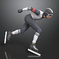 Man in speed skating dynamic pose wearing professional helmet goggles ice skates on black surface