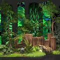 Natural Forest Themed Decor With Green Leaf Backdrops Wooden Stumps And Ferns