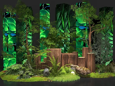 Natural Forest Themed Decor With Green Leaf Backdrops Wooden Stumps And Ferns 3d model