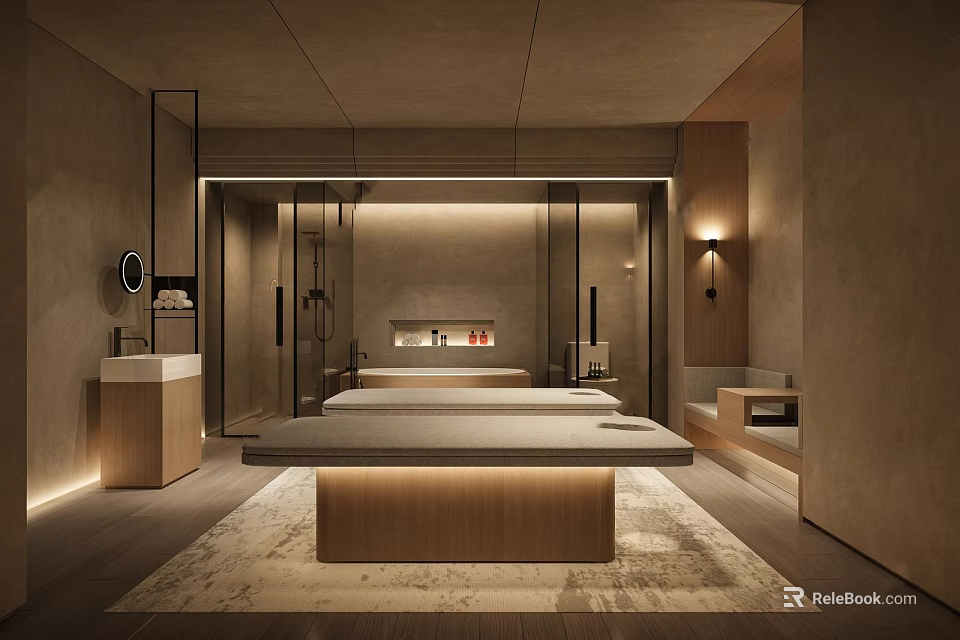 Modern SPA Sauna Interior Design with Massage Bed Wooden Elements and Warm Lighting 3d model 