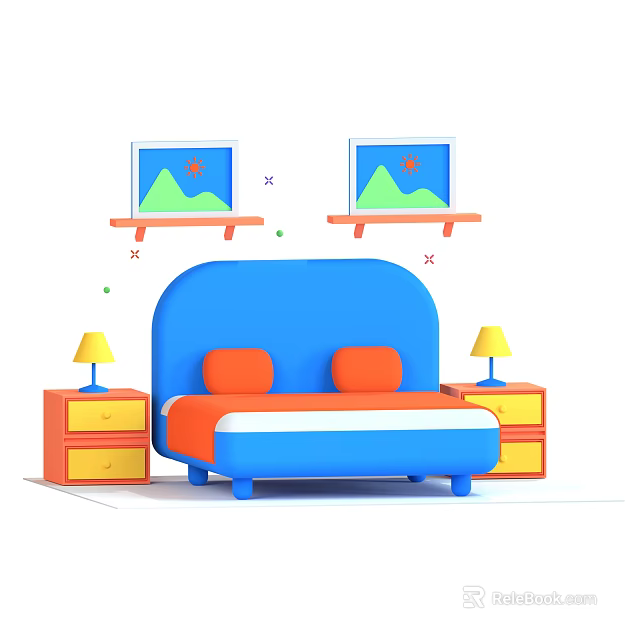 Vibrant Double Bed With Blue Headboard Orange Pillows Bedside Tables Lamps Wall Shelves And Paintings 3d model 