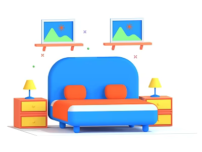 Vibrant Double Bed With Blue Headboard Orange Pillows Bedside Tables Lamps Wall Shelves And Paintings 3d model