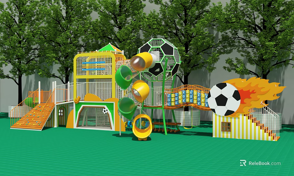 Kindergarten Outdoor Play Area With Colorful Slides Soccer Ball Decor And Green Floor 3d model 