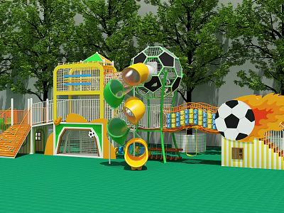 Kindergarten Outdoor Play Area With Colorful Slides Soccer Ball Decor And Green Floor 3d model