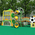 Kindergarten Outdoor Play Area With Colorful Slides Soccer Ball Decor And Green Floor