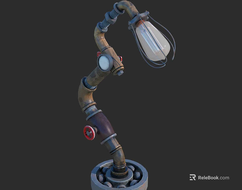 Industrial Style Pipe Table Lamp With Gear Base And Exposed Bulb 3d model 