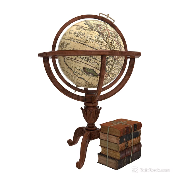 Vintage Decorative Ornament Combination With Classic Globe On Stand And Stack Of Books 3d model 