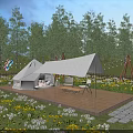 Scenic Camping Site With Canvas Awning Wooden Deck Tent And Colorful Balloons Among Trees