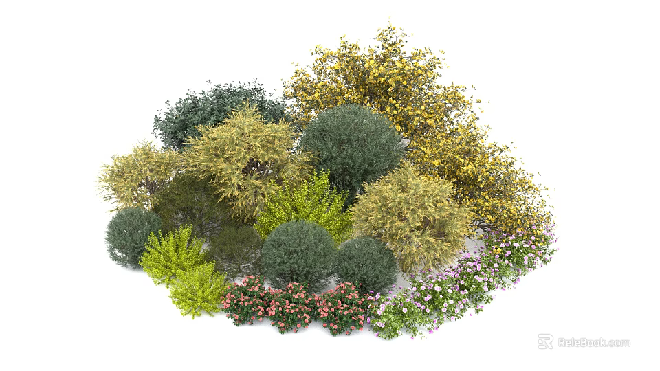 Various Types of Shrubs with Green Yellow Foliage and Pink White Flowers 3d model 