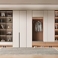 Modern Elegant Shoe Cabinet Design With Clothes Hanging Space Drawers And Decorative Ornaments