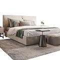 Stylish Double Bed With Headboard Cushions Throw Blanket Nightstand Vase Ottoman And Rug