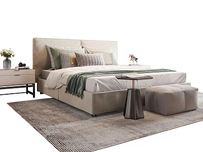 Stylish Double Bed With Headboard Cushions Throw Blanket Nightstand Vase Ottoman And Rug 3d model