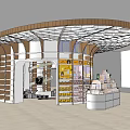 Modern Retail Kiosk With Curved Wooden Roof White Shelves And Product Displays