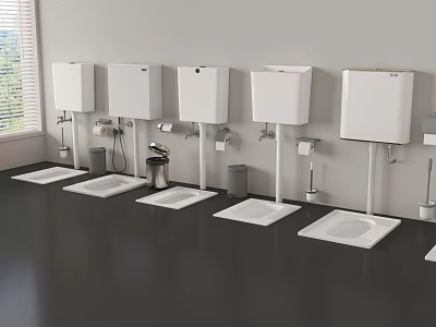 White Bathroom Accessories Including Squat Toilets Water Tanks Trash Bins And Toilet Brushes 3d model