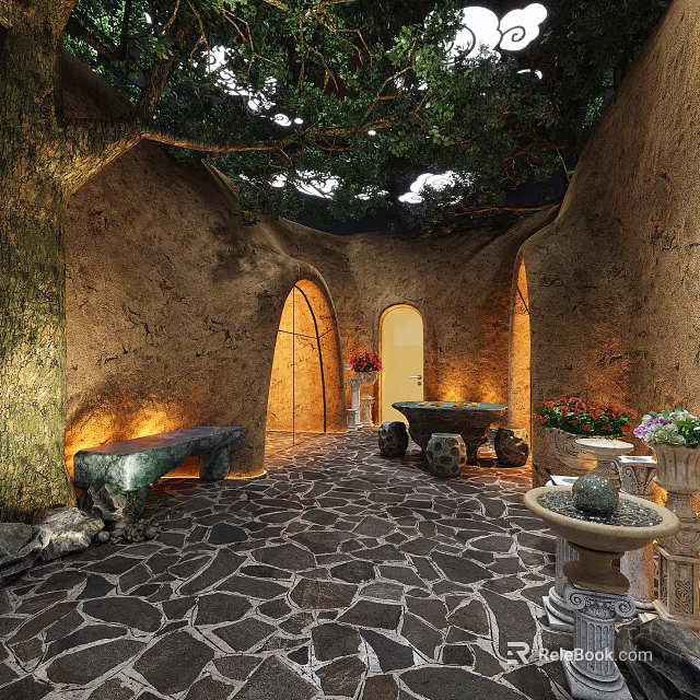 Enchanting Garden Landscape With Stone Walls Arched Doorways Flagstone Pathway Stone Bench And Decorative Fountains 3d model 