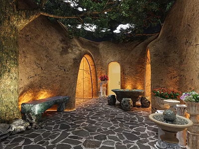 Enchanting Garden Landscape With Stone Walls Arched Doorways Flagstone Pathway Stone Bench And Decorative Fountains 3d model