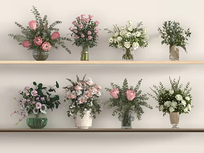 Colorful Vase Flowers Arrangement on Wooden Shelves with Ceramic Glass Vases 3d model