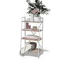 Multilayer Shelf Unit With Green Plant White Bowl Woven Basket And Folded Towel