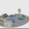 Multi Person Sofa Circular Lounge Area With Curved Design Blue Ottomans Bookshelves And Green Plant