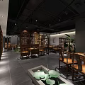 Traditional Chinese Tea House Interior Featuring Wooden Furniture Red Plant And Stone Ornaments