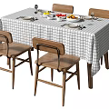Dining Table Set With Black And White Checkered Tablecloth Wooden Chairs Tableware Glasses And Fruits