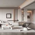 Elegant Modern Living Room Interior With White Sofa Round Coffee Table Gray Rug And Decorative Artwork