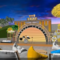 Sunset Party Outdoor Space With Stage Drums Straw Umbrellas Bean Bags And Surfboard