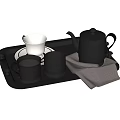 Stylish Beverage Serving Tray with Black Teapot White Cup Black Cups and Gray Cloth