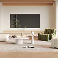 Modern Living Room Interior Design With White Sofa Green Armchair Coffee Table And TV Wall