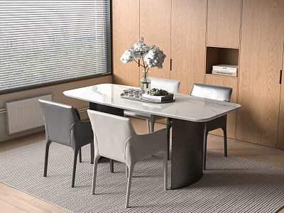Modern Dining Table With White Sleek Surface Gray White Chairs Wooden Cabinets And Window Blinds 3d model