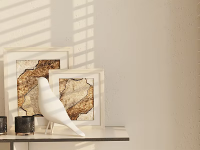 Decorative Ornament Set With Framed Artworks White Bird Figurine Black Candle Holders And Sunlight Shadows 3d model
