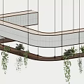 Modern Curved Storage Shelf With Glass Panels Wooden Frame And Hanging Plants