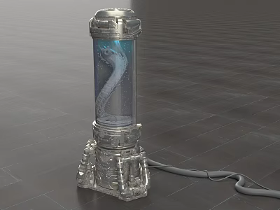 Silver Cylindrical Device With Transparent Section Serpent Like Creature Inside Detailed Base And Cable 3d model