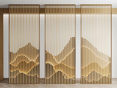 Modern Wooden Room Divider With Vertical Slats And Mountain Pattern Design 3d model