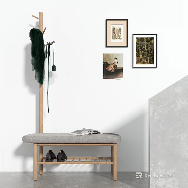 Sofa Stool With Magazine And Shoe Rack Below Near Wooden Coat Rack And Wall Paintings 3d model 