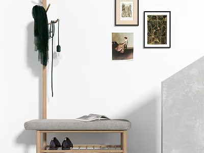Sofa Stool With Magazine And Shoe Rack Below Near Wooden Coat Rack And Wall Paintings 3d model