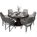 Modern Round Dining Table Set With Six Grey Padded Chairs And Decorative Plant 3d model