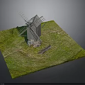Detailed Windmill Model With Wooden Structure On Green Grass And Stone Foundation