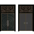 Ornate Double Doors With Metal Frame Geometric Patterns And Brass Handles 3d model