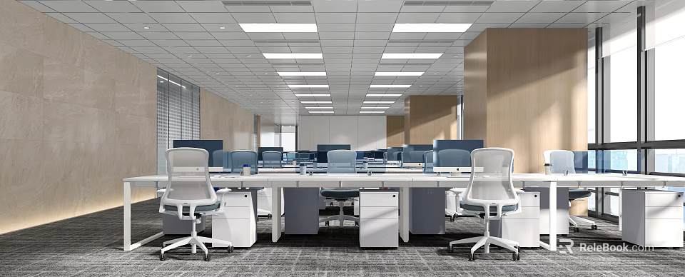 Spacious Public Office Workspace With Cubicles Ergonomic Chairs And Ceiling Lights 3d model