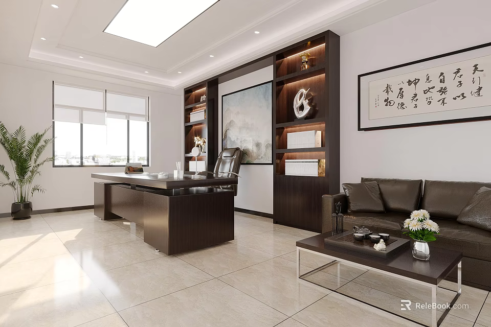 Modern Office Interior Design With Wooden Desk Leather Chair Sofa And Large Windows 3d model 