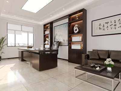 Modern Office Interior Design With Wooden Desk Leather Chair Sofa And Large Windows 3d model