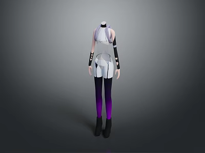 White Sleeveless Top With Black Arm Bands And Purple Black Gradient Pants With Black Boots 3d model