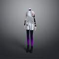 White Sleeveless Top With Black Arm Bands And Purple Black Gradient Pants With Black Boots