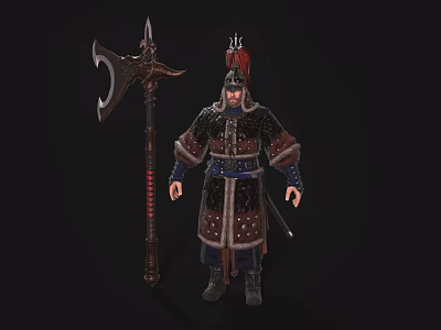 Ancient Warrior Character With Feathered Helmet Decorated Armor and Large Battle Axe 3d model